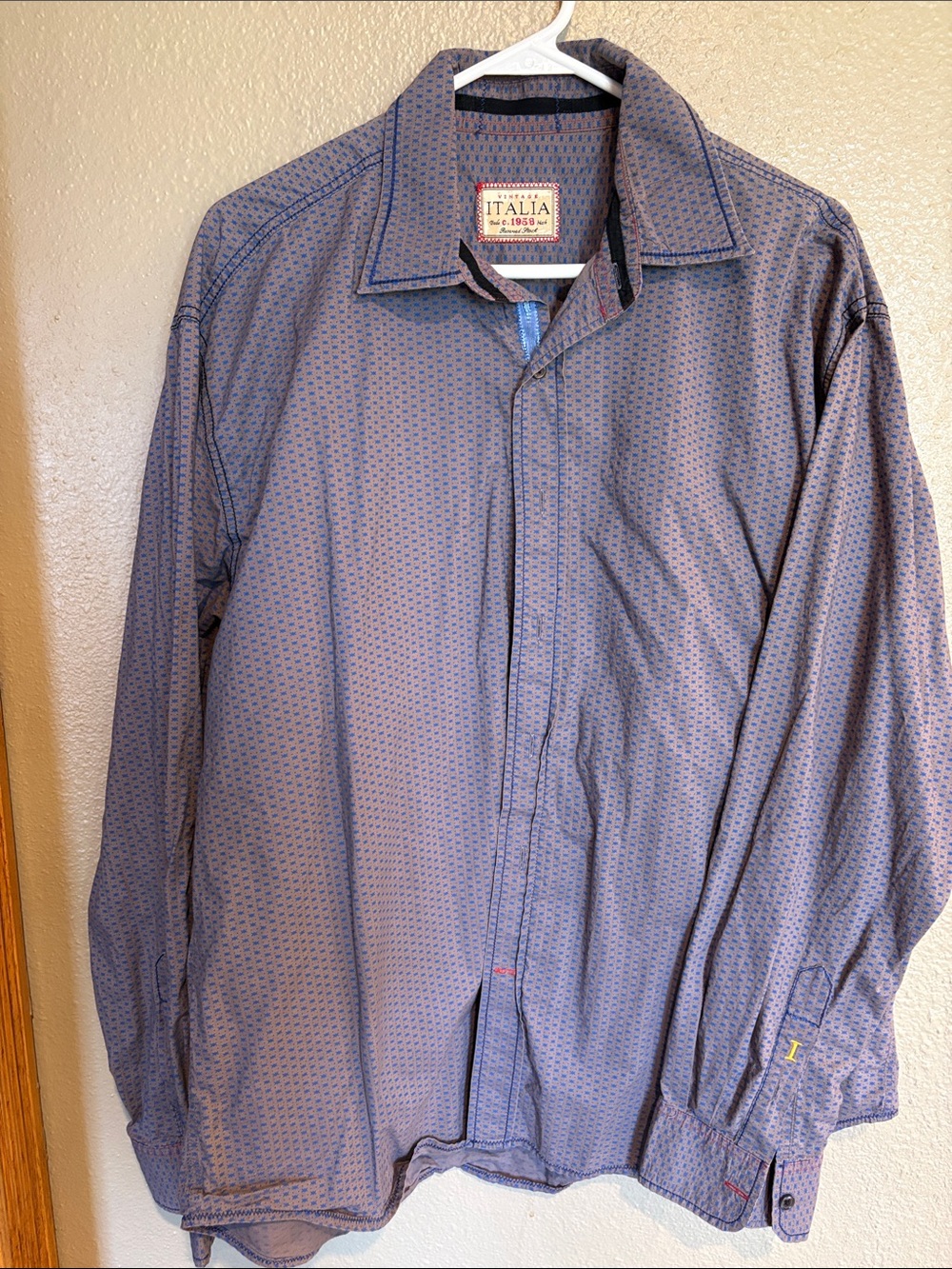 Italia Men's Navy Micro-Pattern Long Sleeve Casual Button-Down Shirt